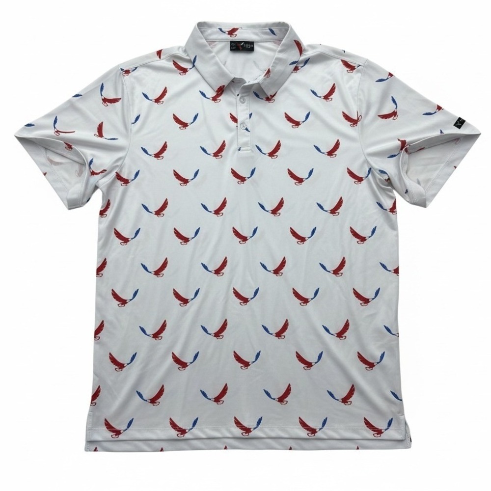 Yatta Golf Polo Shirt Mens XXL White Red Blue Eagle Print Performance Stretch - Picture 2 of 9